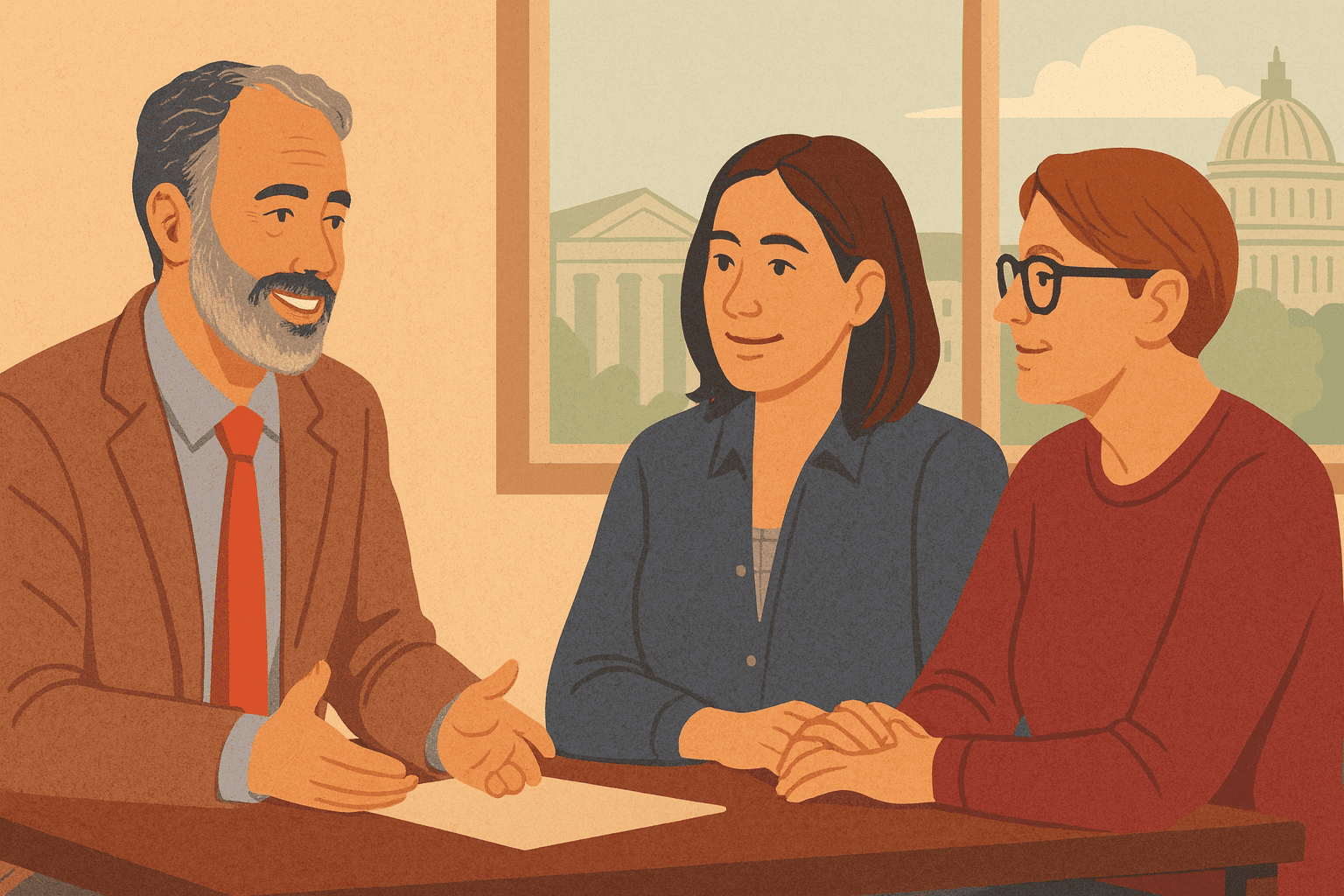 A flat-style illustration of a fiduciary financial advisor meeting with a married same-sex female couple, seated at a table in a warm, professional office with subtle federal buildings in the background, representing client primacy and trusted financial guidance.