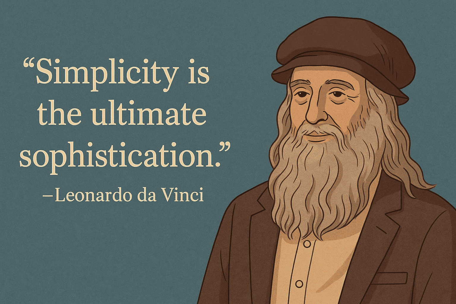“Illustrated portrait of Leonardo da Vinci depicted as a retired federal employee, wearing modern professional attire, next to the quote ‘Simplicity is the ultimate sophistication’ on a textured blue background.”