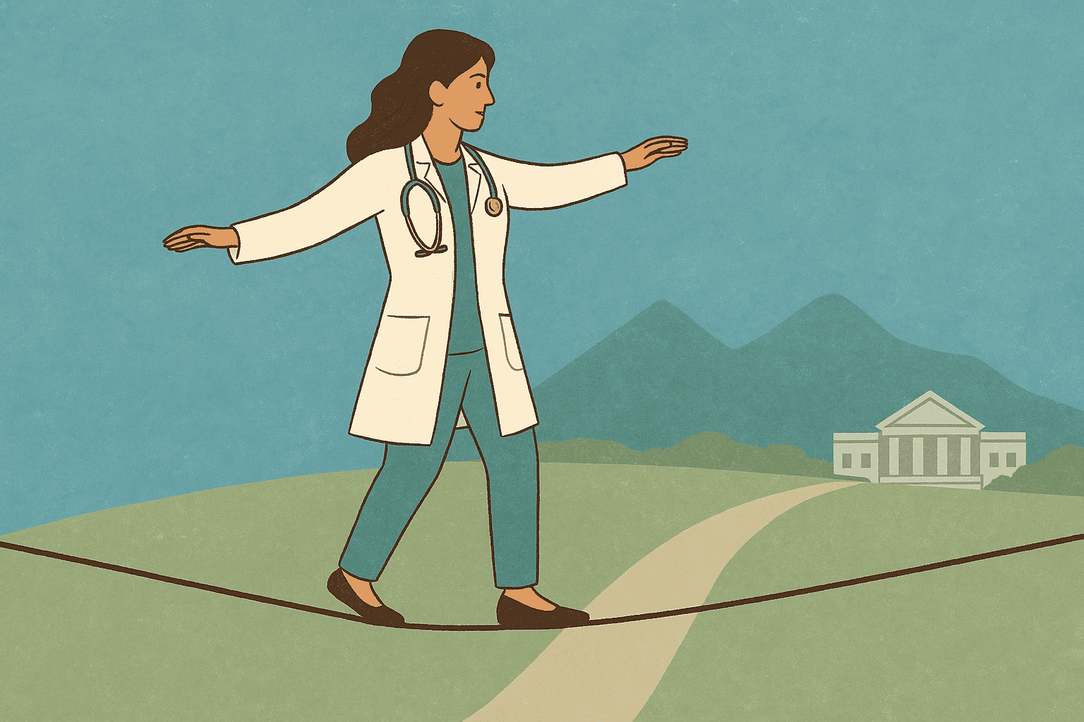 A female VA doctor wearing a white coat and stethoscope walks carefully across a tightrope above a soft, stylized landscape of hills and a federal-style building, symbolizing the balance required in retirement income planning.