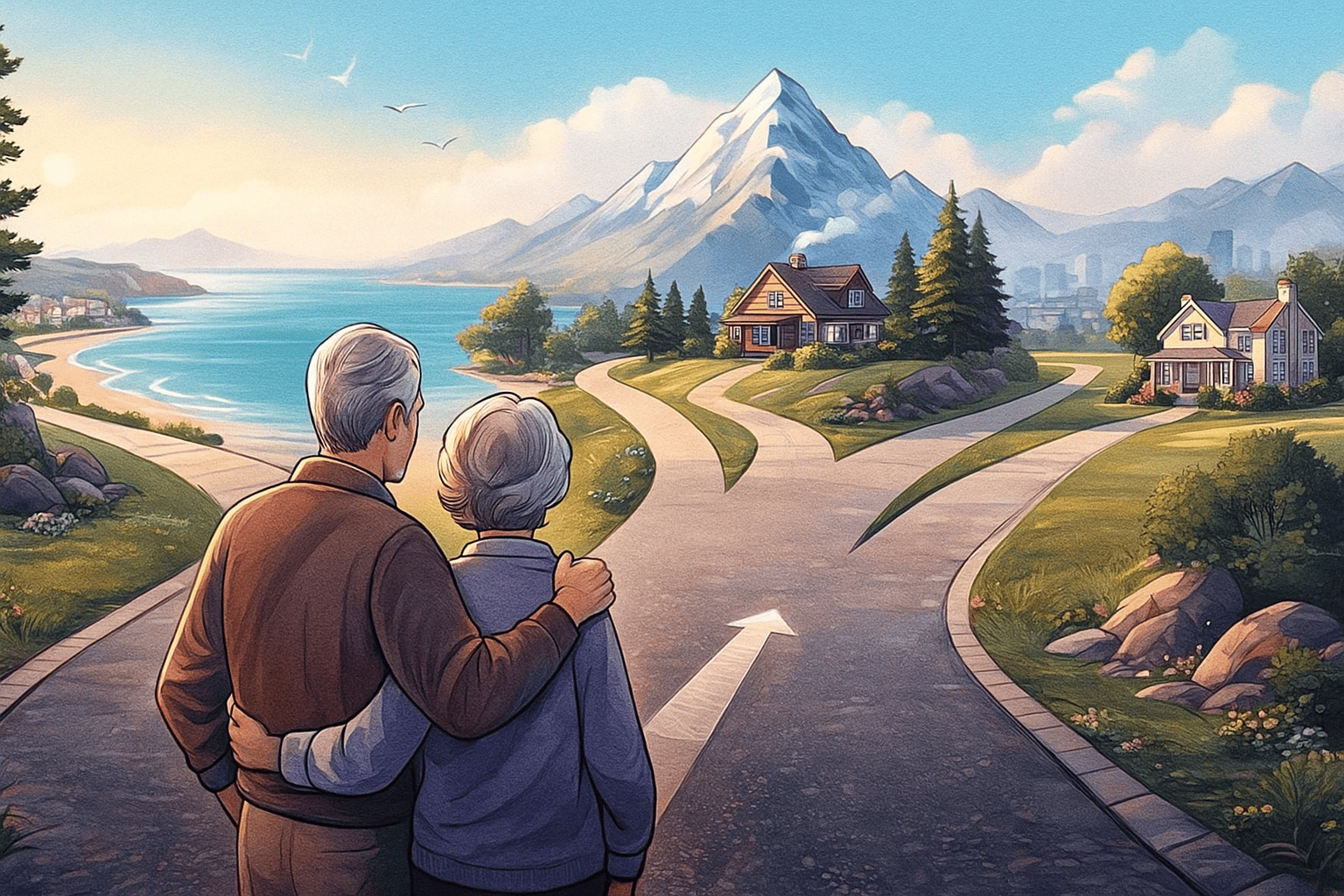 A retired couple stands at a three-way fork in the road, looking toward three appealing retirement lifestyle paths—a seaside scene, a mountain retreat, and an idyllic town home—symbolizing different retirement strategy choices.