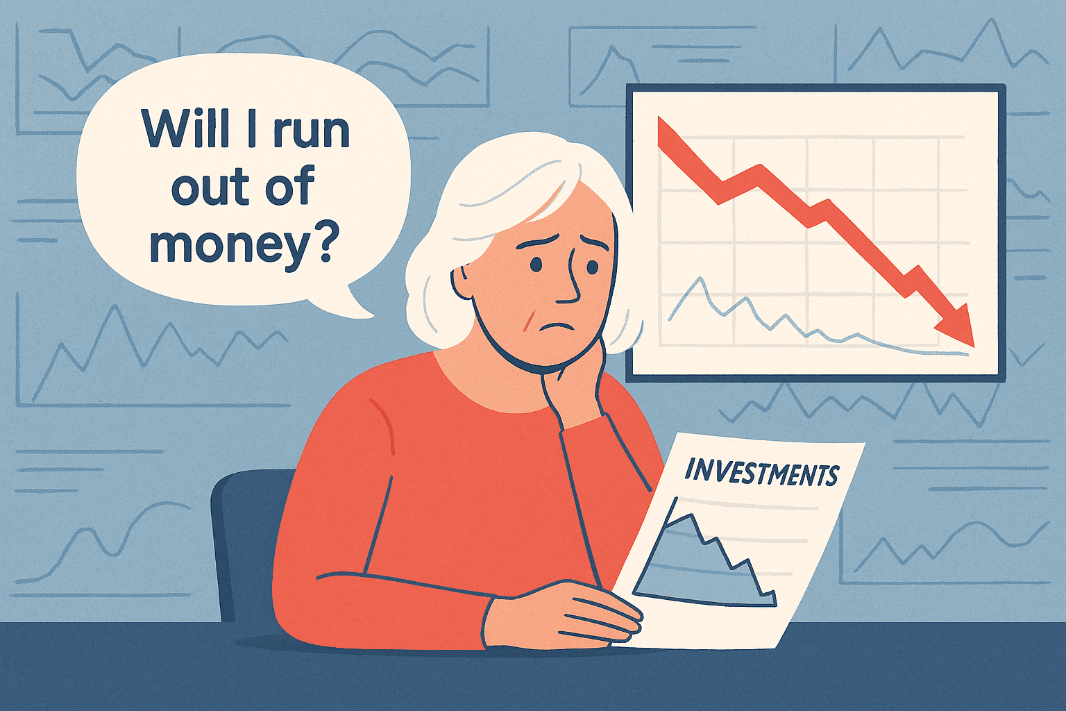 Illustration of a worried older woman sitting at a table, looking at a declining investment chart, with a speech bubble asking “Will I run out of money?” and abstract financial graphs in the background.