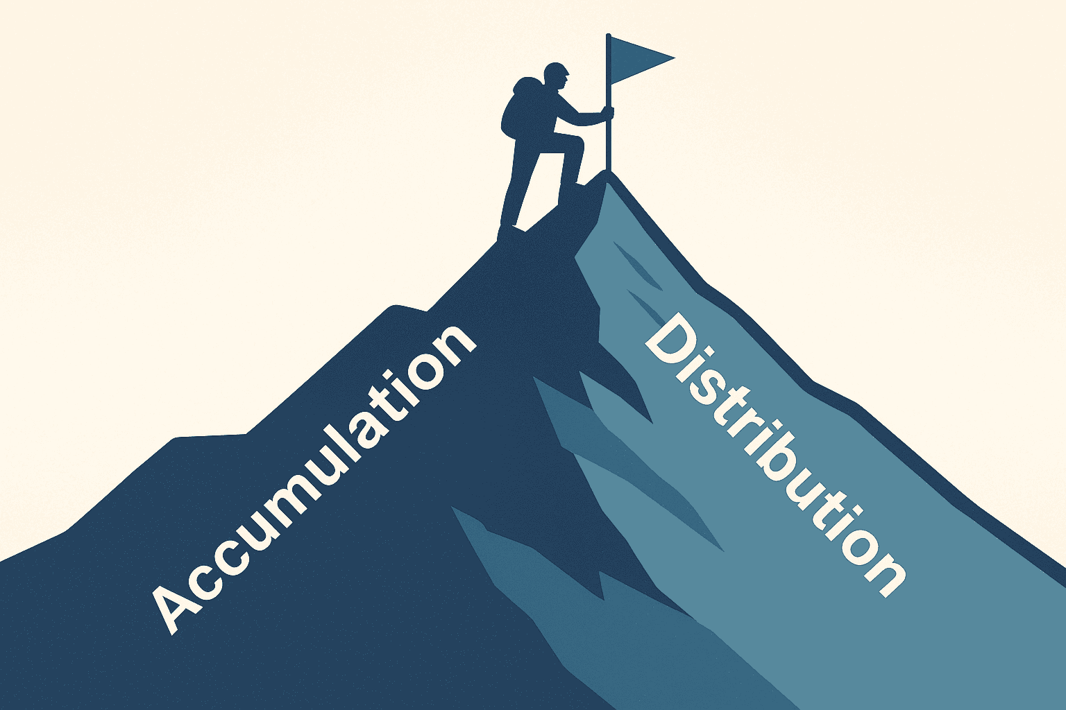 A stylized illustration of a mountain with a climber planting a flag at the peak, showing “Accumulation” slanted upward on the left slope and “Distribution” slanted downward on the right, representing the financial journey from saving for retirement to drawing income.