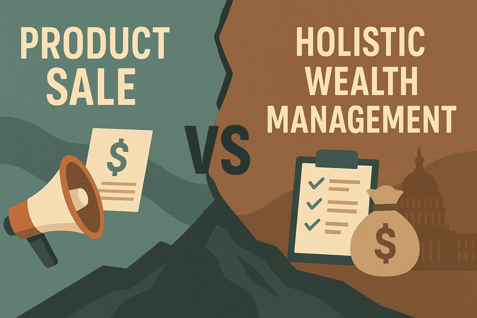 “Flat-style illustration contrasting financial product sales with holistic wealth management for federal employees, showing a split screen with a megaphone and dollar document on one side and a checklist and money bag on the other, separated by a bold ‘VS.’”