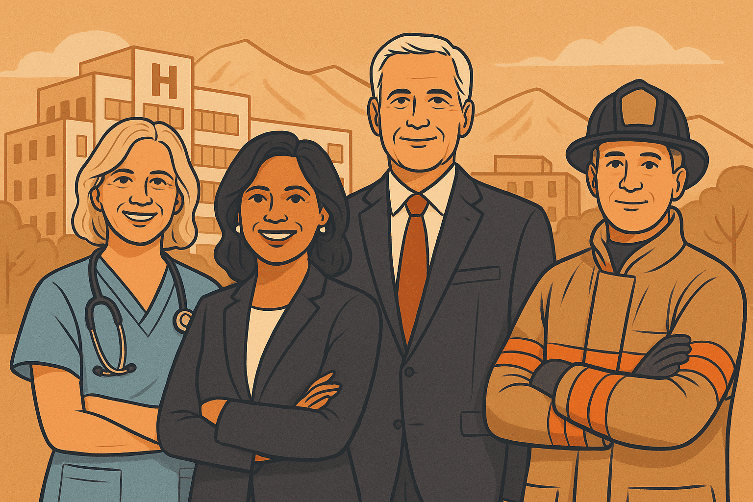 A group of successful late-career professionals—including a white VA nurse, a Hispanic female executive, a white male business professional, and a firefighter—standing confidently in front of an iconic Southwest hospital building, symbolizing financial strength and federal employee retirement planning.