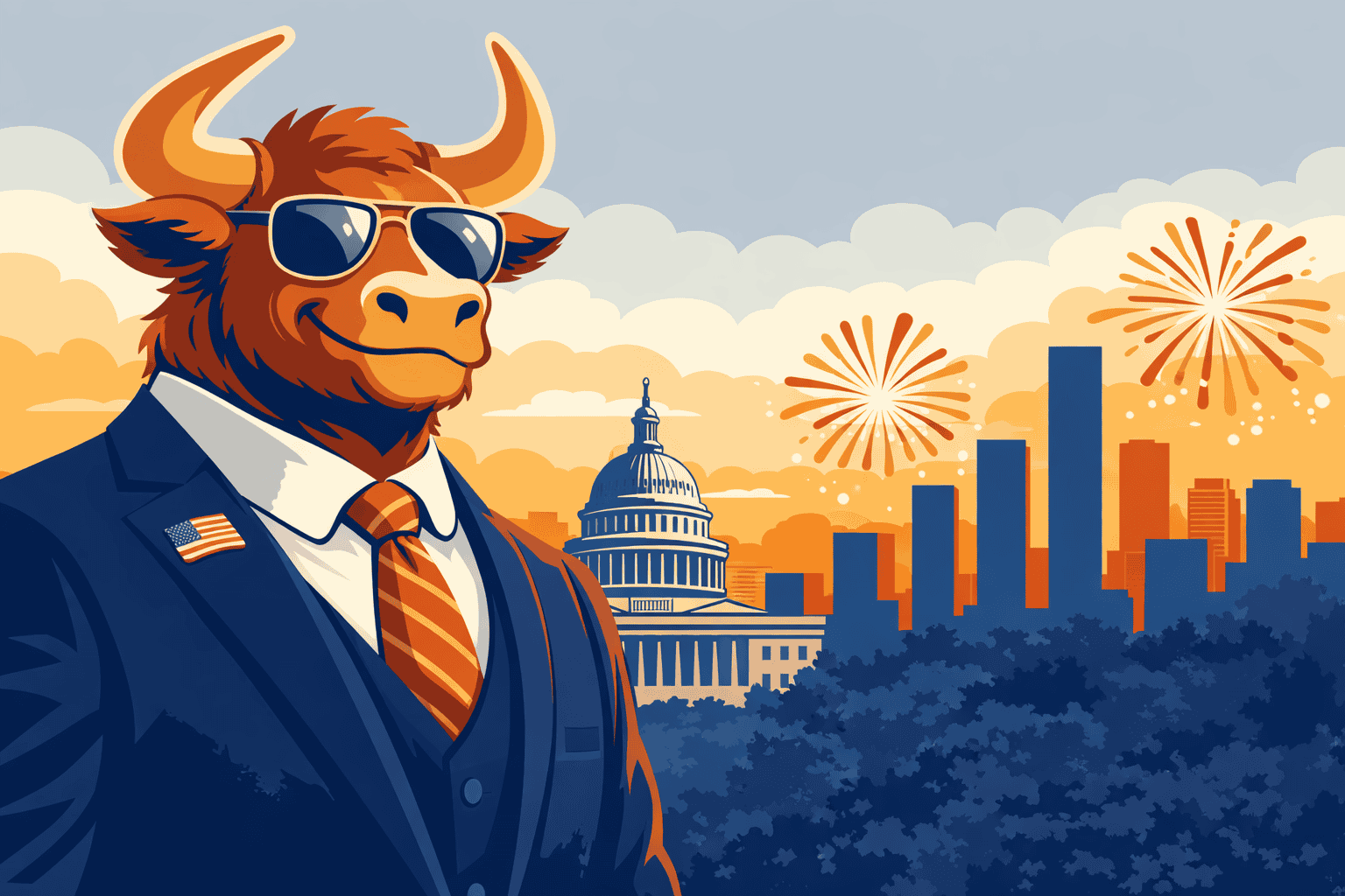 Illustration of a confident bull in a suit representing a disciplined federal employee investor, with the U.S. Capitol and city skyline in the background.