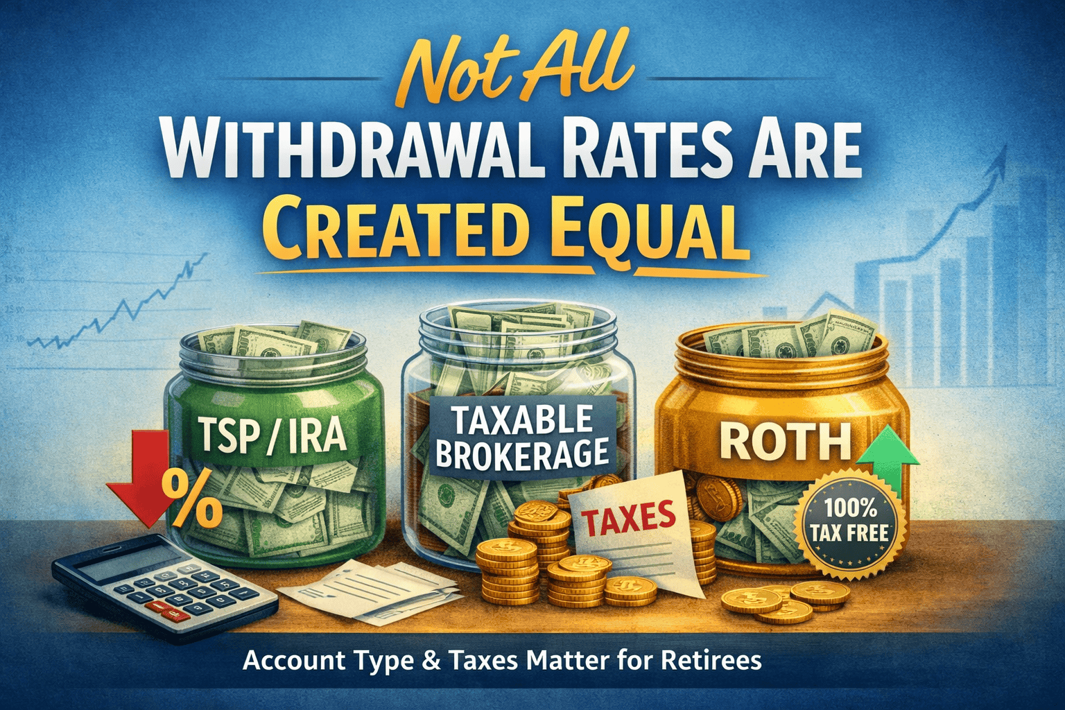 Illustration showing how safe withdrawal rates differ between TSP/IRA, taxable brokerage, and Roth accounts due to taxes.