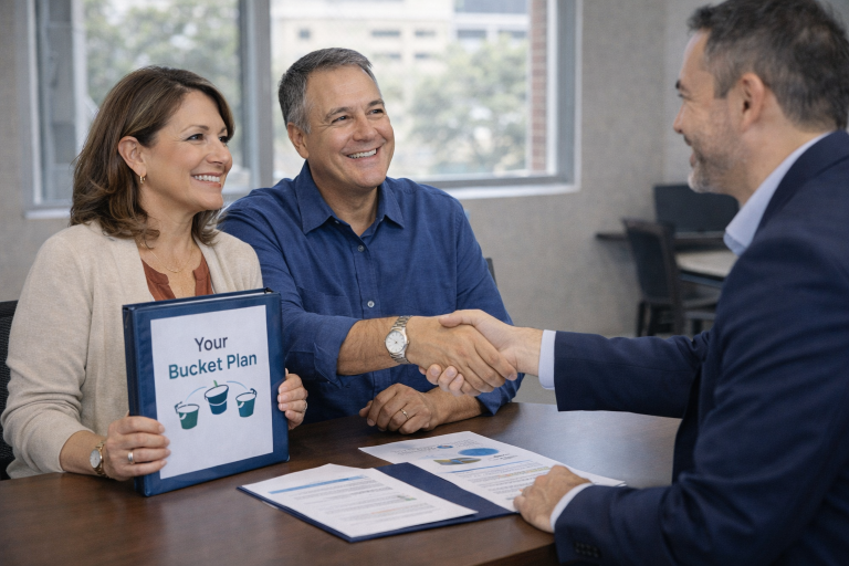 Federal Retirement Planning Meeting | Better Federal Retirement Financial advisor meeting with Hispanic couple, shaking hands after retirement planning session while client holds Her Bucket Plan binder