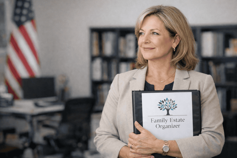 Estate Planning Organization | Better Federal Retirement Pre-retirement woman holding Family Estate Organizer binder in office, preparing documents for estate planning