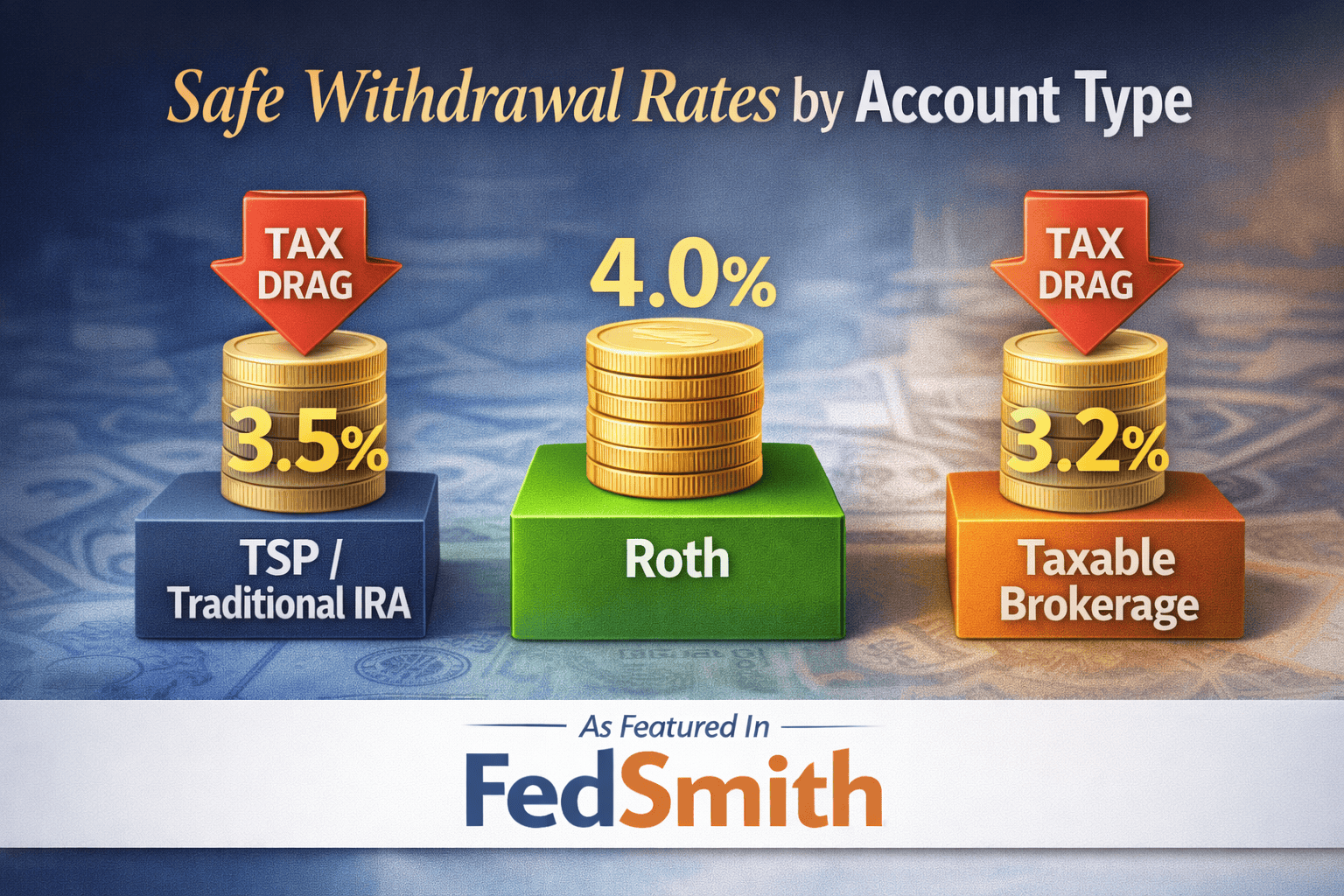 safe withdrawal rates federal employees tsp ira taxable accounts tax drag retirement income fedsmith article