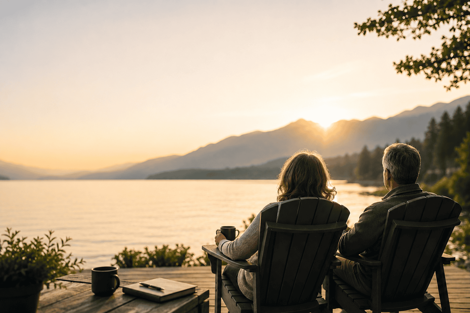 Coordinated Federal Retirement Planning for Near-Retirement Federal Employees Federal employee couple enjoying a peaceful lakeside retirement at sunset, representing coordinated retirement planning and financial confidence