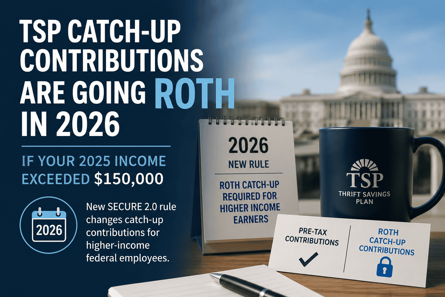Graphic explaining the 2026 Roth TSP catch-up contribution rule for federal employees earning over $150,000, including SECURE 2.0 changes affecting traditional and Roth TSP contributions.
